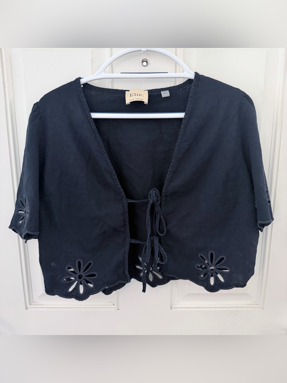 Elie Tahari Tie-Front Top S | Navy Eyelet Linen Blend